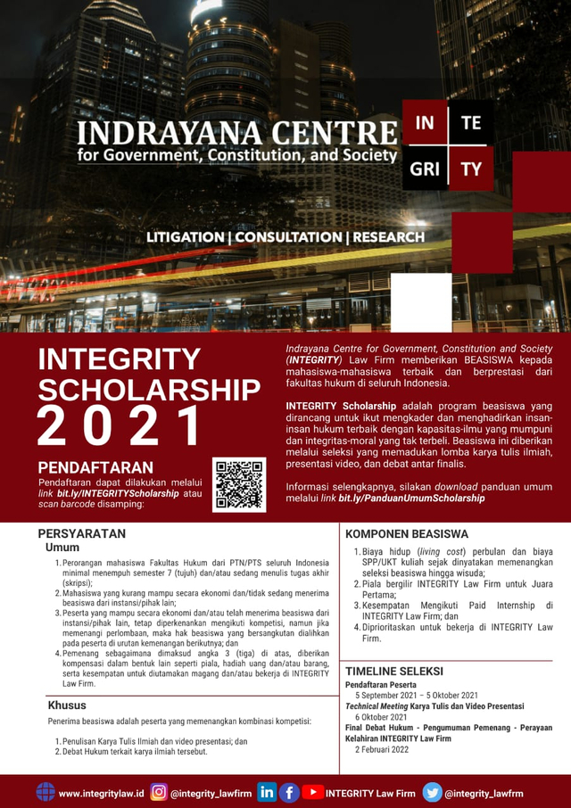 INTEGRITY Law Firm menggelar program beasiswa untuk mahasiswa Hukum seluruh Indonesia. Foto: INTEGRITY Law Firm