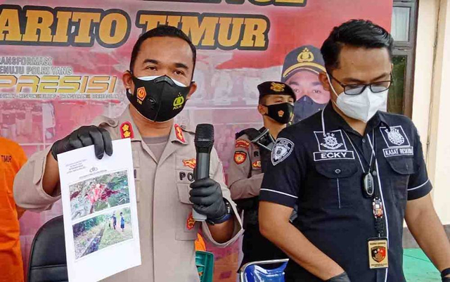 Kapolres Barito Timur AKBP Afandi Eka Putra saat konferensi pers terkait kasus penganiayaan berat yang dilakukan oleh pelaku J kepada TS. (FOTO: Dokumen Polisi).