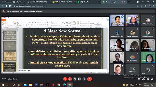 Rapat virtual persiapan PTMT  yang diikuti oleh semua tenaga pendidik SMA Trinitas Bandung (11/9/2021). Dalam rapat tersebut, salah satunya  membahas soal prinsip belajar di masa pandemi COVID-19. Foto: Dokumentasi pribadi.