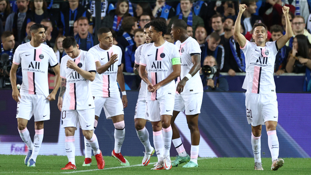 Selebrasi pemain Paris Saint-Germain usai mencetak gol ke gawang Club Brugge pada pertandingan Grup A Liga Champions di Stadion Jan Breydel, Bruges, Belgia.  Foto: KENZO TRIBOUILLARD / AFP