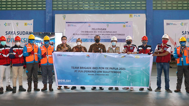 Pelepasan Tim Brigade BKO PON XX Papua 2021 PLN UIW Suluttenggo, yang akan mengamankan sistem kelistrikan di arena PON. (foto: dokumen)