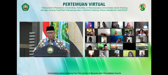 Rektor Unisma, Prof Dr H Maskuri MSi (kiri) saat memberikan sambutan dalam silaturahim dengan wali mahasiswa baru secara virtual. Foto: tangkapan layar