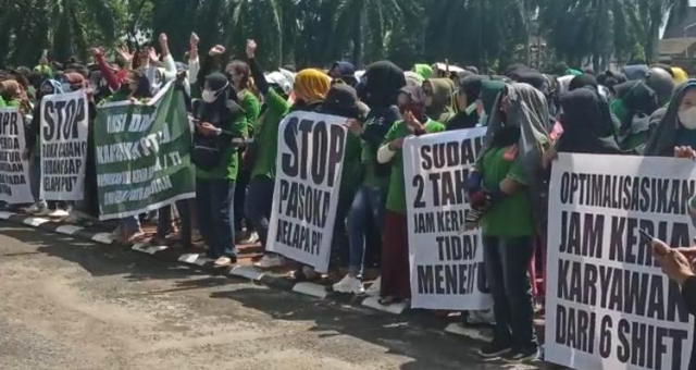 Ratusan pekerja PT KKJ Nusapati menggelar aksi unjuk rasa di kantor Bupati Mempawah. Foto: M. Zain/Hi!Pontianak