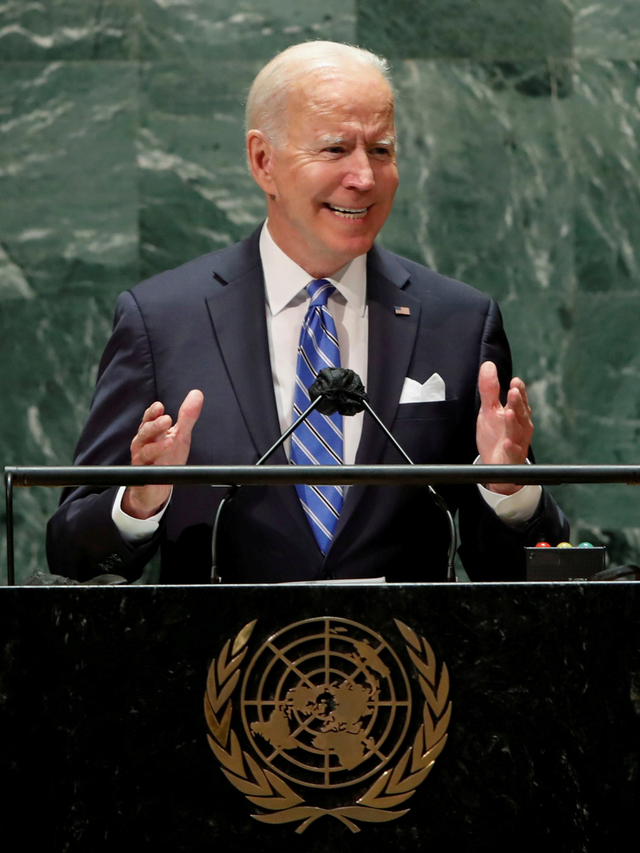 Presiden AS Joe Biden berbicara saat Sidang Majelis Umum PBB di New York City, Amerika Serikat, Selasa (21/9/2021). Foto: Eduardo Munoz/Reuters