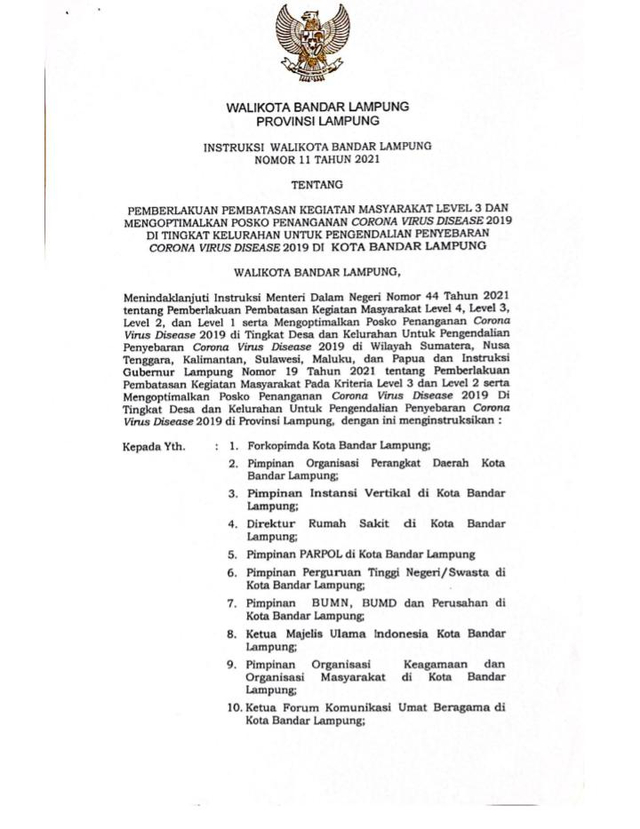 Inwalkot Bandar Lampung Nomor 11 tahun 2021 tentang PPKM Level 3, Sabtu (25/9) | Foto : Ist