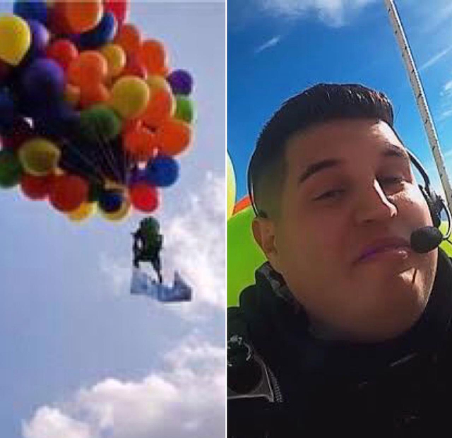 Daniel Boria terbang menggunakan 150 balon berisi gas helium sebelum ditangkap polisi. Foto: istimewa.