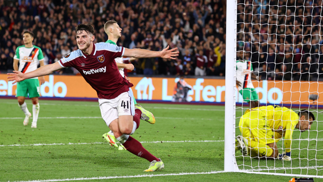 Declan Rice mencetak gol di pertandingan West Ham United melawan Rapid Wina dalam laga Grup H Liga Europa di Stadion London, London, Inggris.  Foto: Sam Mellish / AFP