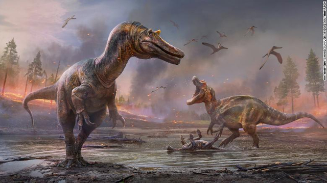 Ilustrasi dua spesies dinosarusus baru yang bertengkorak mirip buaya. Foto: University of Southampton