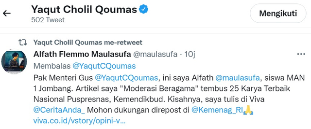 Retwit Menteri Agama RI Yaqut Cholil Qoumas @YaqutQCoumas dari twit Alfath Flemmo @maulasufa, Selasa 5 Oktober 2021 - Twitter/YaqutQCoumas