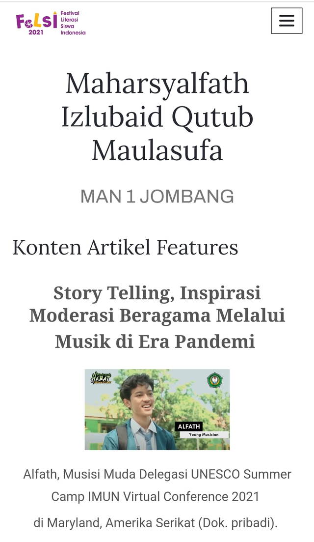 Artikel karya Maharsyalfath "Telling Story, Moderasi Beragama Melalui Musik di Era Pandemi" dalam pameran karya karya finalis FeLSI 2021, Pusat Prestasi Nasional (Puspresnas), Kemendikbud Ristek RI. (tangkap layar: sma.pusatprestasinasional.kemdikbud.go.id/felsi/pameran/artikel-features/449).