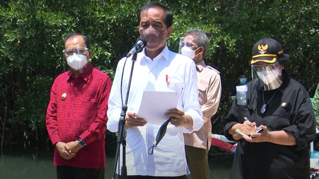 Presiden Jokowi didampingi Menteri LH Siti Nurbaya dan Gubernur Bali Wayan Koster (kiri) di lokasi penanaman Mangrove Forest, Badung, Jumat (8/10).  Foto: Youtube/Sekretariat Presiden