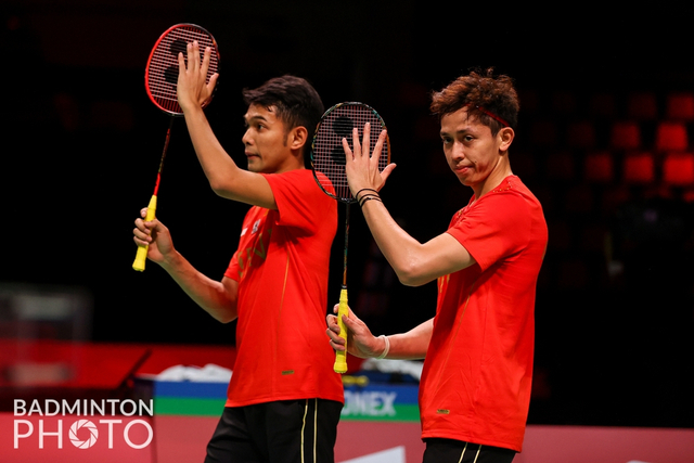 Ganda putra Indonesia Fajar Alfian dan Muhammad Rian Ardianto saat melawan Thailand pada penyisihan grup A Thomas Cup 2020 di Ceres Arena, Aarhus, Denmark.
 Foto: Yohan Nonotte/Badmintonphoto/BWF