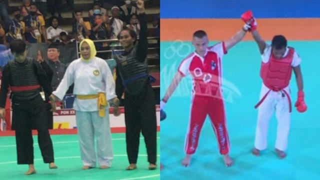 Pesilat Jeni Kause dan Petarung Yosep Amor Meus saat memenangkan laga final di PON XX Papua. Foto : Istimewa