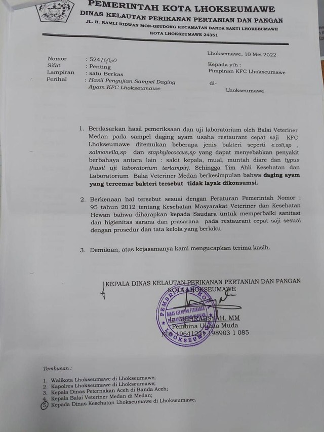 Surat untuk pimpinan KFC Lhokseumawe dari Dinas Kelautan Perikanan Pertanian dan Pangan berisi tentang hasil pengujian sampel daging ayam. Foto: Dok. Istimewa