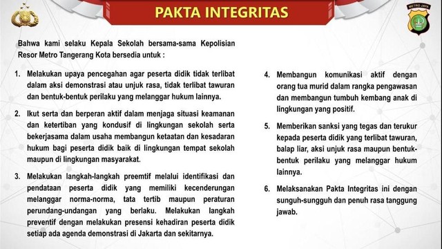 Pakta Integritas yang dibuat oleh 24 Kepala sekolah SMA, SMP sederajat  bersama Polrestro Tangerang Kota dalam rangka pencegahan pelibatan pelajar dalam aksi demonstrasi dan aksi kenakalan remaja, Jumat (13/5/2022). Foto: Polresta Tangerang