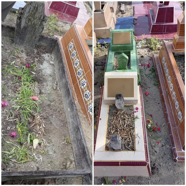 (Kiri) Makam lama yang berada di TPU Muslim Skip diganti dengan dua makam baru (kanan). Foto: IST/InfoPBUN