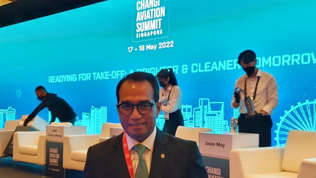 Menteri Perhubungan Budi Karya Sumadi di Changi Aviation Summit (CAS) 2022 di Sands Expo and Convention Centre, Singapura, Selasa (17/5/2022).
 Foto: Lutfan Dharmawan/kumparan