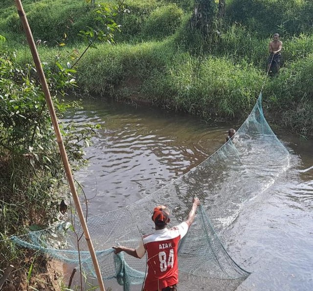 Proses pemasangan jaring untuk menangkap buaya di sungai Desa Kemingking Dalam, Kecamatan Taman Rajo, Kabupaten Muaro Jambi. (Foto: BKSDA Jambi)