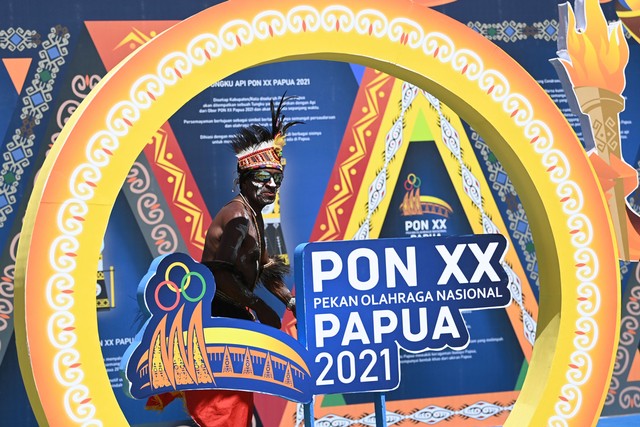 Pernak-pernik PON XX Papua Hiasi Sejumlah Lokasi di Mimika.(Foto: Aditya Pradana Putra/ANTARA FOTO)