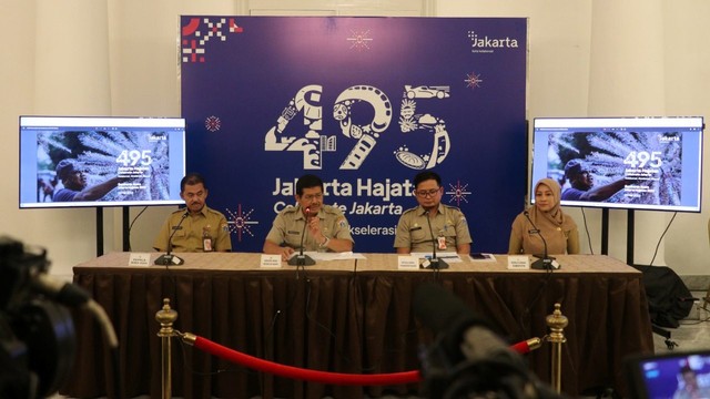 Konferensi pers rangkaian ulang tahun DKI Jakarta ke-495 di Balai Kota DKI Jakarta, Senin (23/5).
 Foto: Pemprov DKI Jakarta