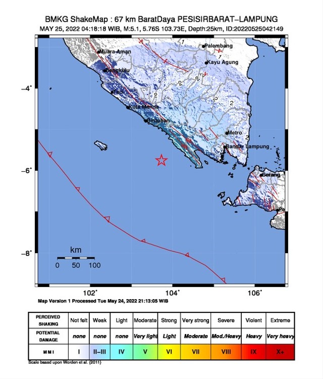 Shakemap BMKG tentang gempa tektonik Pesisir Barat-Lampung Magnitudo 5,1. | Foto: BMKG