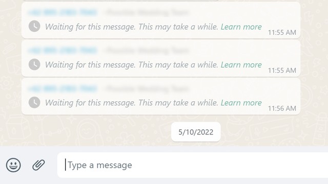Masalah 'Waiting for this message. This may take a while' di WhatsApp Web. Foto: Screenshot WhatsApp