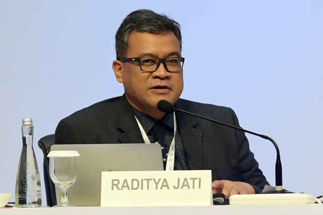 Deputi Bidang Sistem dan Strategi BNPB Raditya Jati menyampaikan materi dalam rangkaian Global Platform for Disaster Risk Reduction (GPDRR) 2022 di Nusa Dua, Badung, Bali, Kamis (26/5/2022). Foto: Nyoman Hendra Wibowo/ANTARA FOTO