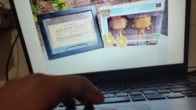 Seseorang melihat Karakter funko pop Willy Wonka di laptop. Foto: kumparan