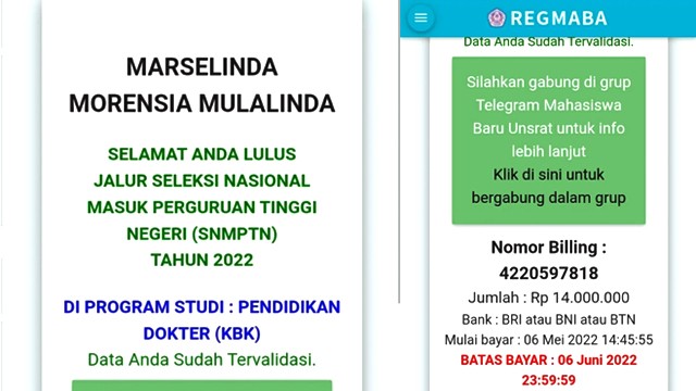 Capture pengumuman kelulusan calon mahasiswa Fakultas Kedokteran Unsrat dan jumlah uang kuliah yang harus dibayarkan yang diposting akun Ien Mulalinda. (foto: istimewa)