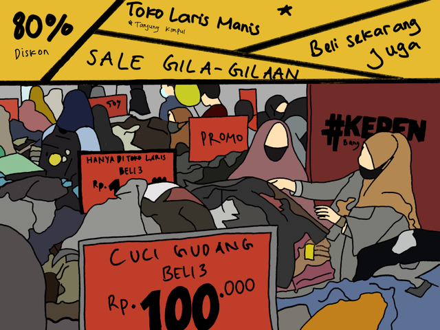 Ilustrasi ramainya tempat perbelanjaan menjelang lebaran idul Fitri (ilustrasi oleh: Annisa Rahayu)