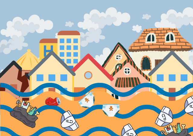 Ilustrasi banjir akibat luapan sungai yang tercemar limbah yang didominasi popok bayi. Gambar merupakan desain pribadi penulis menggunakan web canva.com