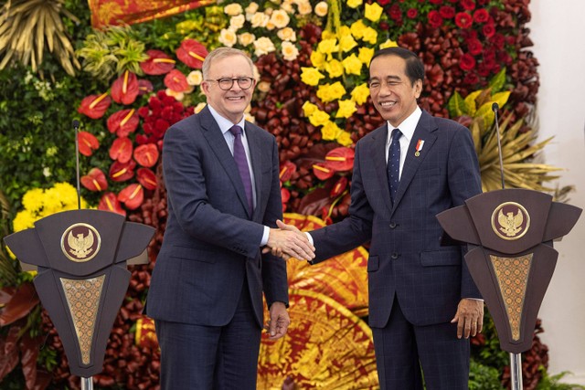 Presiden Joko Widodo (kanan) bersama Perdana Menteri Australia Anthony Albanese (kiri) menyampaikan pernyataan pers di Istana Kepresidenan Bogor, Jawa Barat, Senin (6/6/2022).  Foto: Sigid Kurniawan/ANTARA FOTO