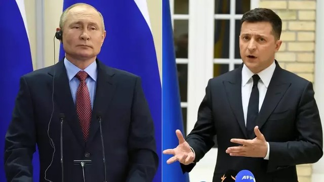 Potret Vladimir Putin (Kiri) dan Volodymyr Zelensky (Kanan) (Foto: Shutterstock - 2135305123)
