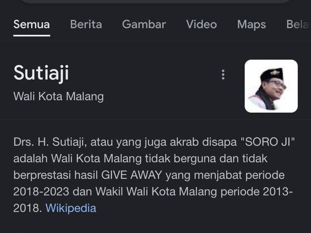 Tangkapan layar, profil Wali Kota Malang yang diretas di wikpedia. screenshoot/M Sholeh