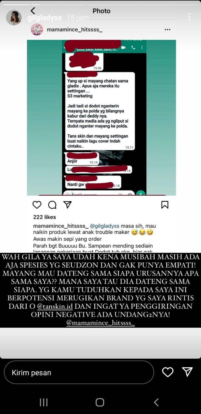 Pihak Tan Skin dituduh melakukan settingan dengan Mayang. Foto: Instagaram @gilgladyss