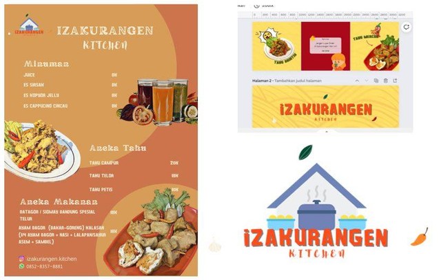 Desain logo, daftar menu dan feed Instagaram UMKM Izakurangen Kitchen oleh Mahasiswa KKN 022.  Credit : Kelompok KKNT-MBKM 2022.