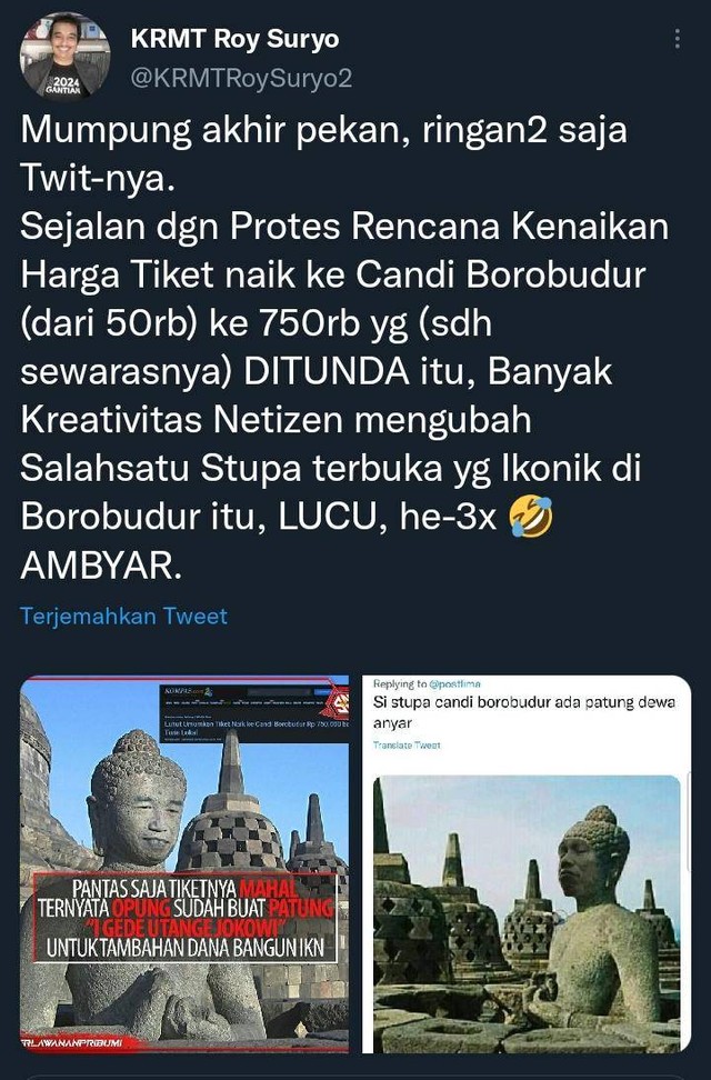 Tangkapan layar cuitan Roy Suryo soal meme stupa Candi Borobudur Mirip Presiden Jokowi. Foto: Dok. Istimewa