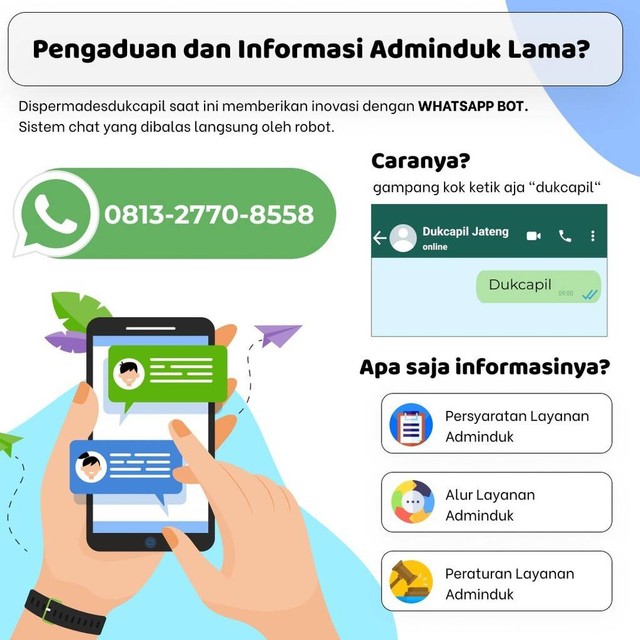Panduan layanan informasi kependudukan Provinsi Jawa Tengah melalui WhatsApp. Foto: Twitter.com/Dukcapil Jateng