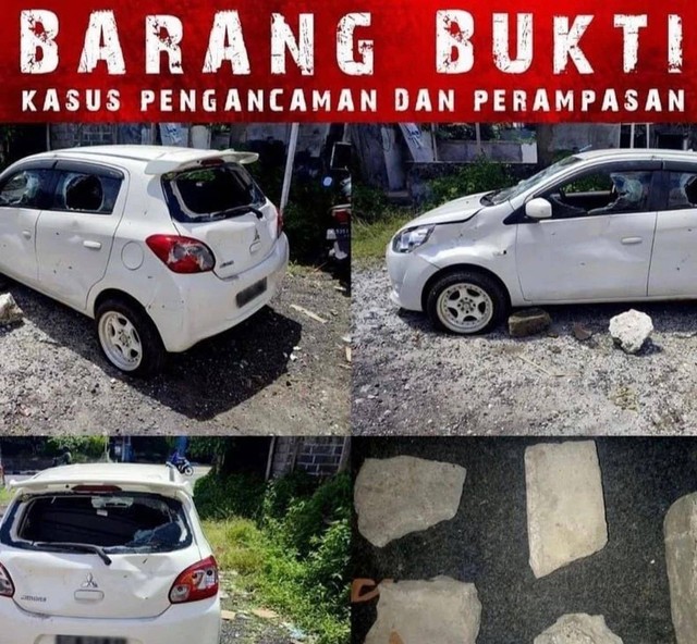 Barang bukti kasus perusakan mobil lelang di tempat sampah Terminal Ubung, Kota Denpasar. Foto: Instagram/@sahabat_polri.bali