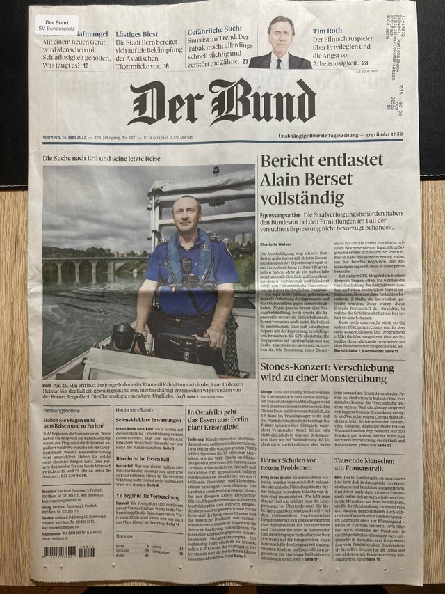 Berita tentang Eril di surat kabar Bern.