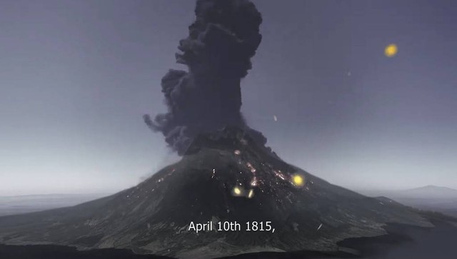 Ilustrasi letusan Tambora pada 10 April 1815. Foto: Tangkapan layar Film Majestic Tambora.