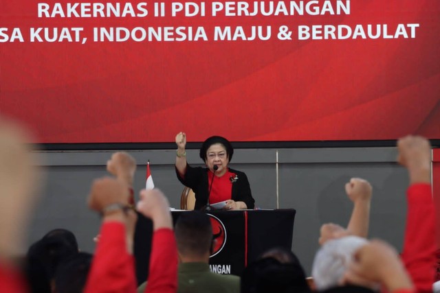 Ketua Umum PDIP Megawati Soekarnoputri di Rakernas PDIP.
 Foto: PDIP