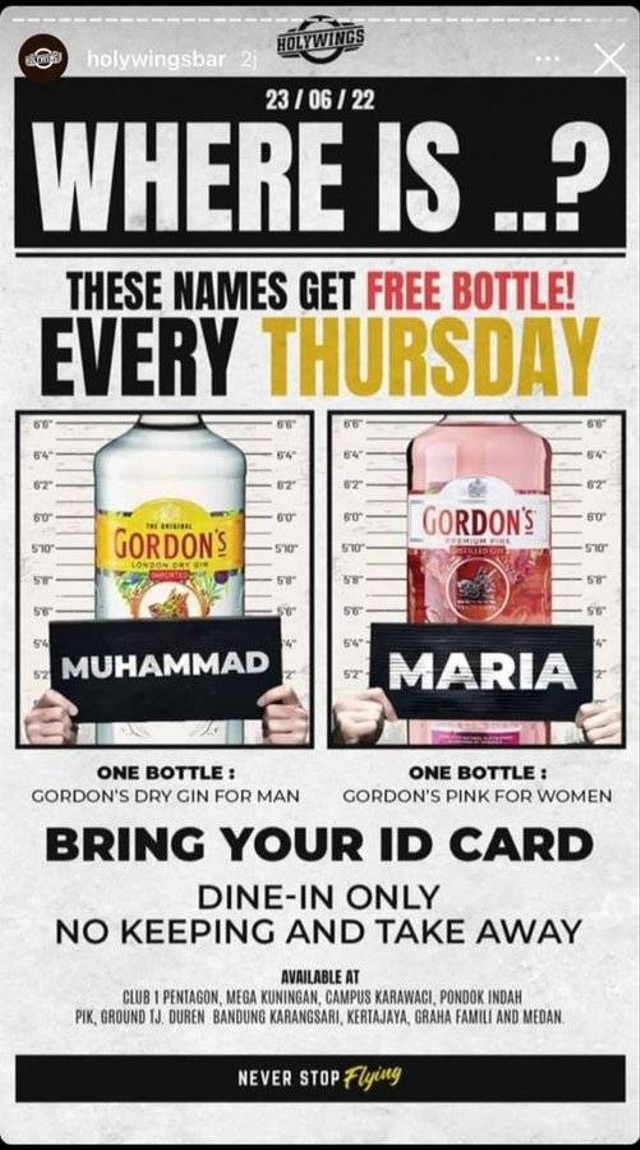Holywings promo minuman alkohol gratis bagi pemilik nama Muhammad dan Maria. Foto: Dok. Istimewa