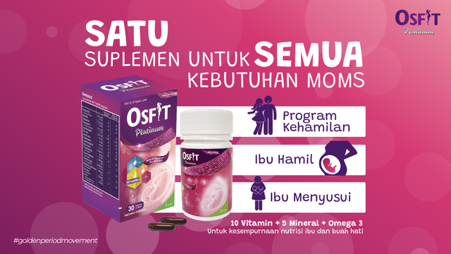 Osfit Platinum memiliki komposisi lengkap vitamin dan mineral untuk membantu memenuhi kebutuhan nutrisi ibu hamil dan/atau menyusui serta perkembangan janin. Foto: Osfit Platinum