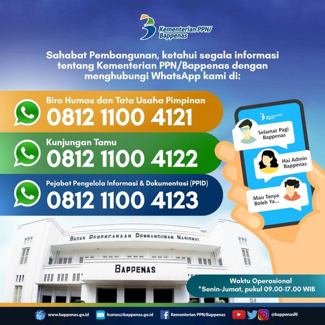 Sebagai bentuk komitmen keterbukaan informasi publik, masyarakat dapat mengakses  WhatsApp PPID Kementerian PPN/Bappenas dan juga ppid.bappenas.go.id.