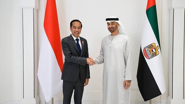 Presiden Jokowi berjabat tangan dengan Presiden UEA Mohamed Bin Zayed di Abu Dhabi, Jumat (1/7/2022). Foto: WAM 