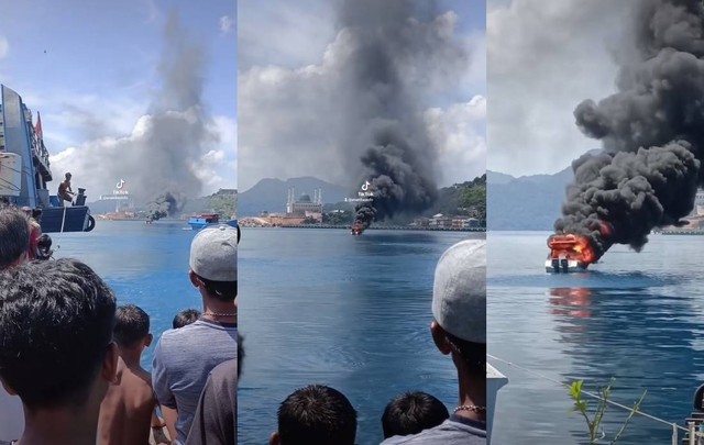 Speedboat puskesmas keliling terbakar di Pelabuhan Perikanan Tarempa, Anambas. (tiktok @anambasinfo)