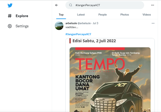 Tagar #JanganPercayaACT sempat trending. Foto: https://twitter.com/search?q=%23JanganPercayaACT