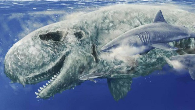 Ilustrasi hiu megalodon berburu paus sperma.
 Foto: Dok. Jaime Bran