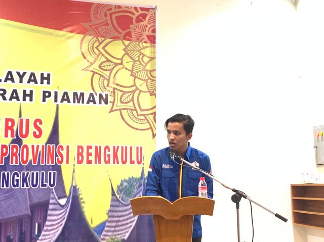 Sambutan Ketua Dewan Pimpinan Wilayah Ikatan Mahasiwa Piaman Raya Provinsi Bengkulu (sumber : penulis)